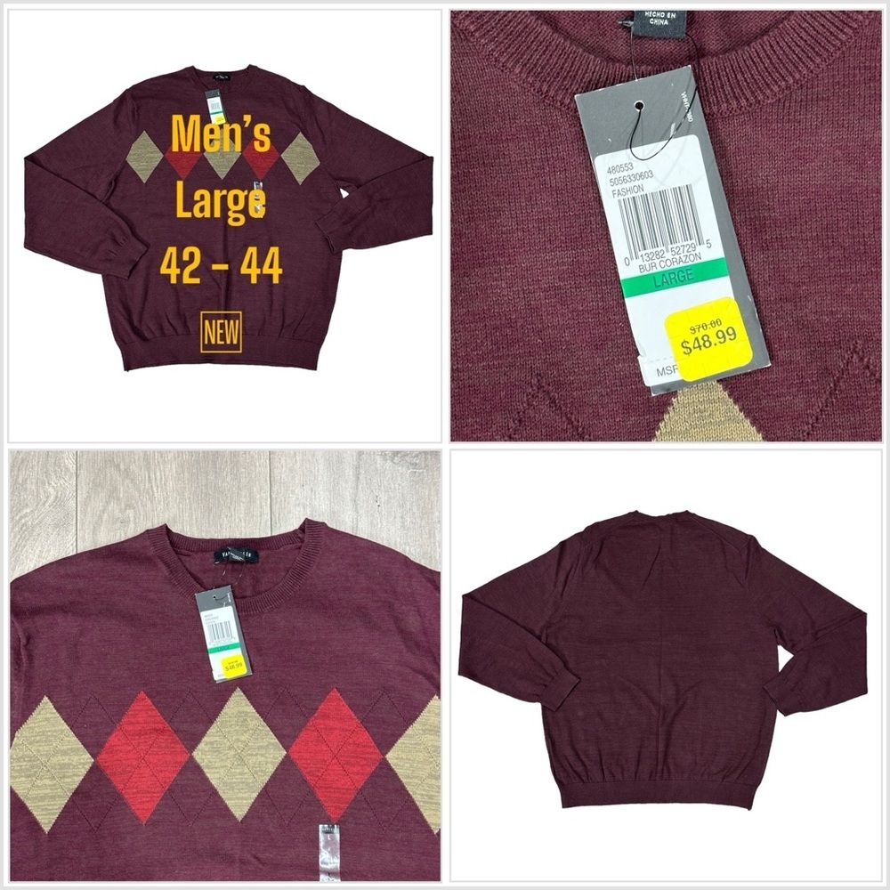 Men’s Van Heusen Large 42 - 44 Golf Sweater Argyle Maroon Red Long Sleeve NWT